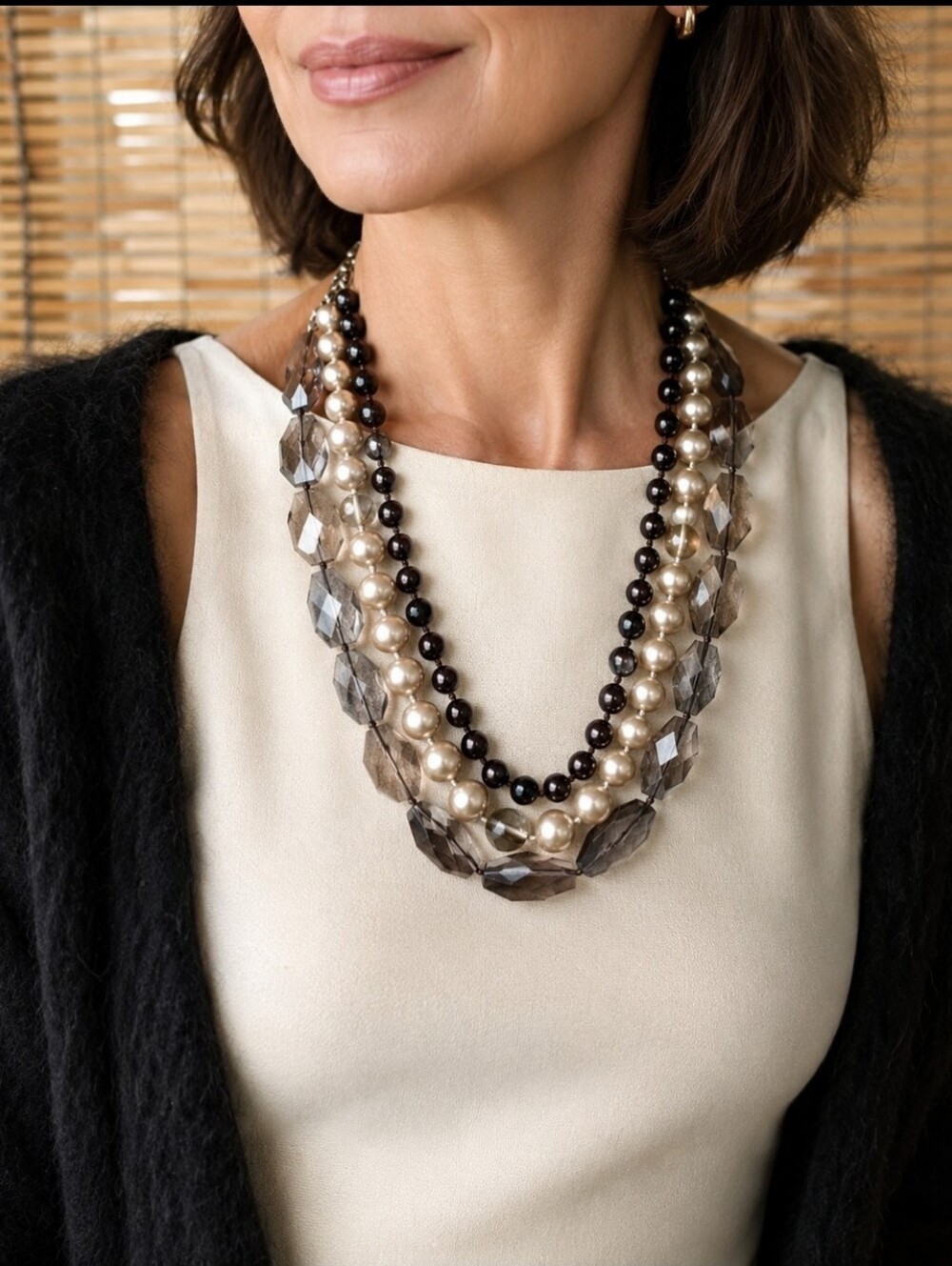 Stella • Dot Signed Triple Strand Glass Pearls, Faceted Acrylic Knotted Necklace